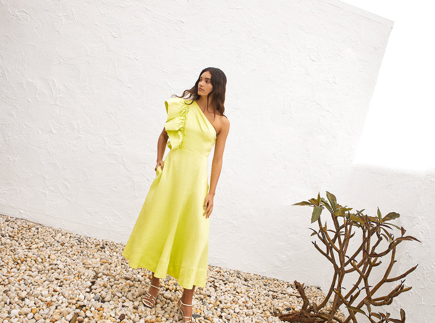 aje bonjour asymmetric midi dress AJE Sculptura Bonjour Asymmetric Linen-Blend Midi-Dress