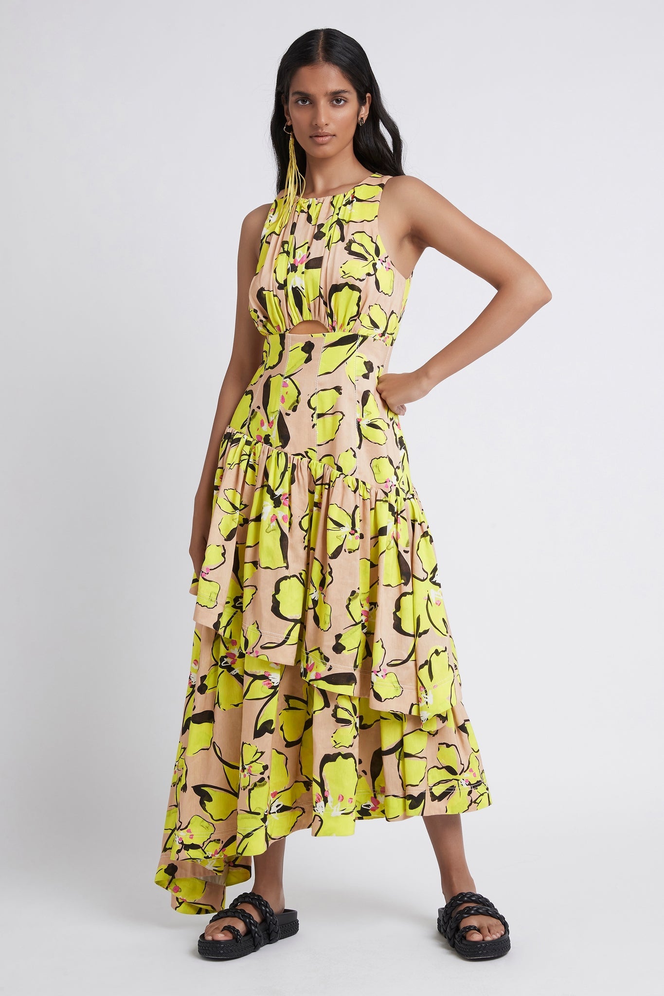 Pelicano Citrus Bloom Racer Asymmetric Tiered Dress