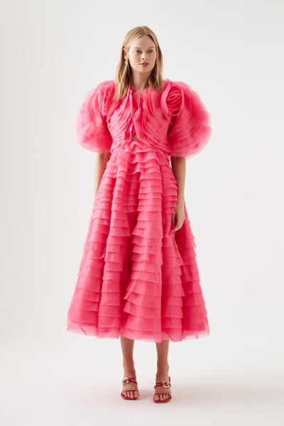 Amour Ruffle Midi Dress, Berry Pink