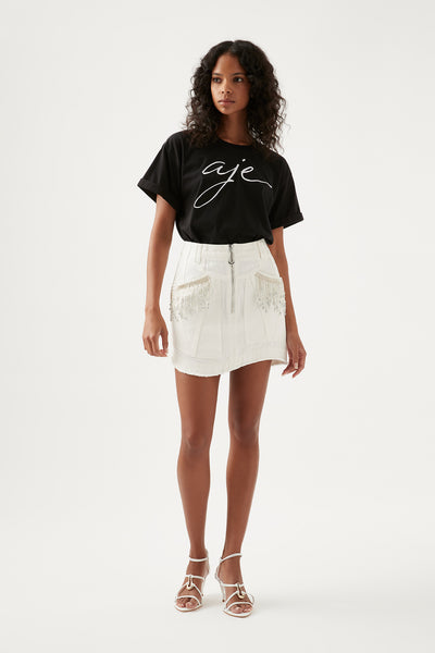 Sheen Fringe Denim Skirt | White | Aje – Aje World